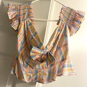 Majorelle off shoulder plaid top